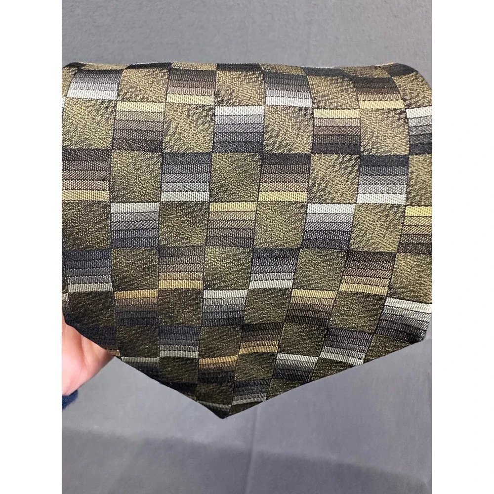 Roberto Villini Collezione Men's Silk Tie Olive Green Grey Gold Geometric Square
